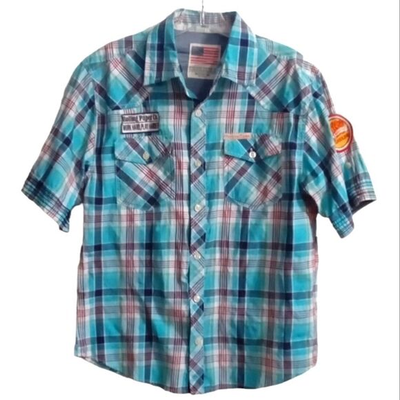 Rolling Paper Co. Short Sleeve Button Down Shirt Size M Blue Plaid Patches - Picture 1 of 8